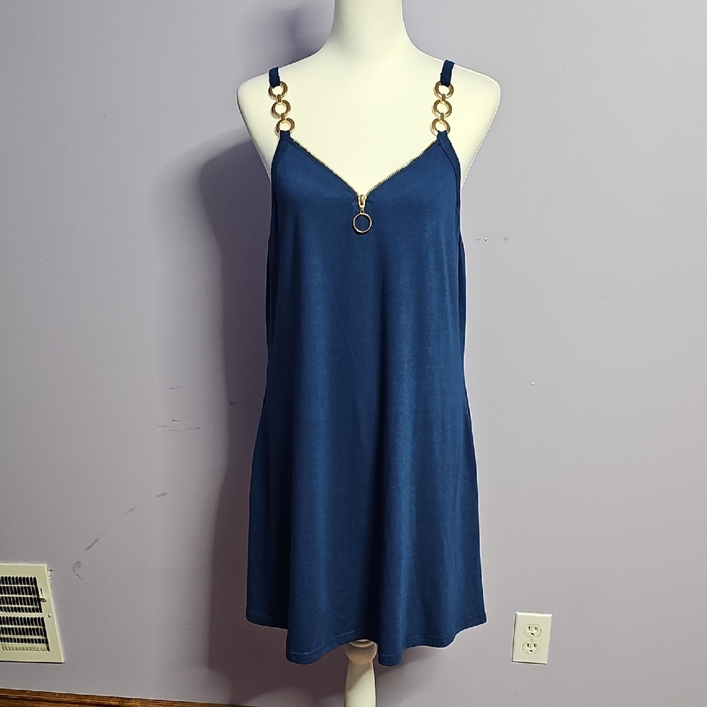Blue Sleeveless Dress‎ with Gold Ring & Zipper Detail XL